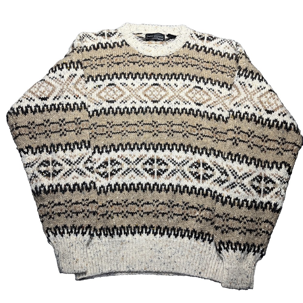 Vintage Peter England Knit Sweater Men's XL Beige Fair Isle Wool Blend Grandpa